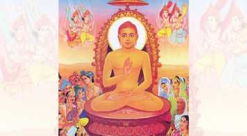 Illustration of Lord Mahavira in a meditative posture, surrounded by celestial beings and devotees, symbolizing enlightenment, peace, and Jain spiritual teachings.